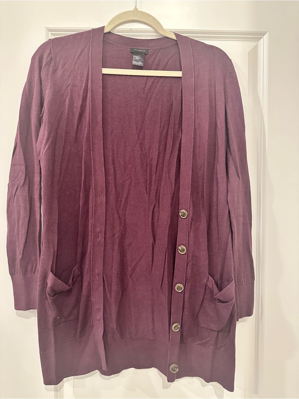 Ann Taylor Plum Button-Front Long Cardigan